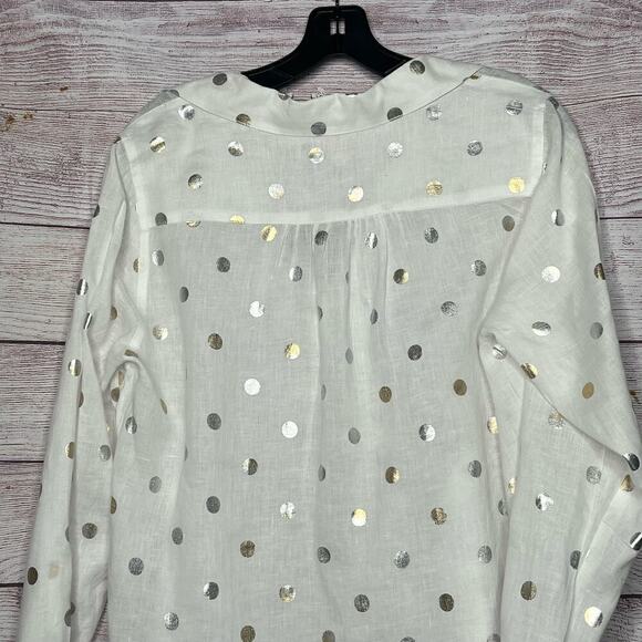 For Cynthia Beach 100% Linen White & Gold Dot Semi Sheer Pullover Size Medium - Picture 11 of 12